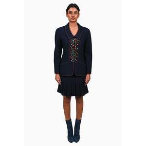 Pre-loved Chanel™ Navy Blue Multicolour Polka Dot Blazer + Skirt Set Size 38